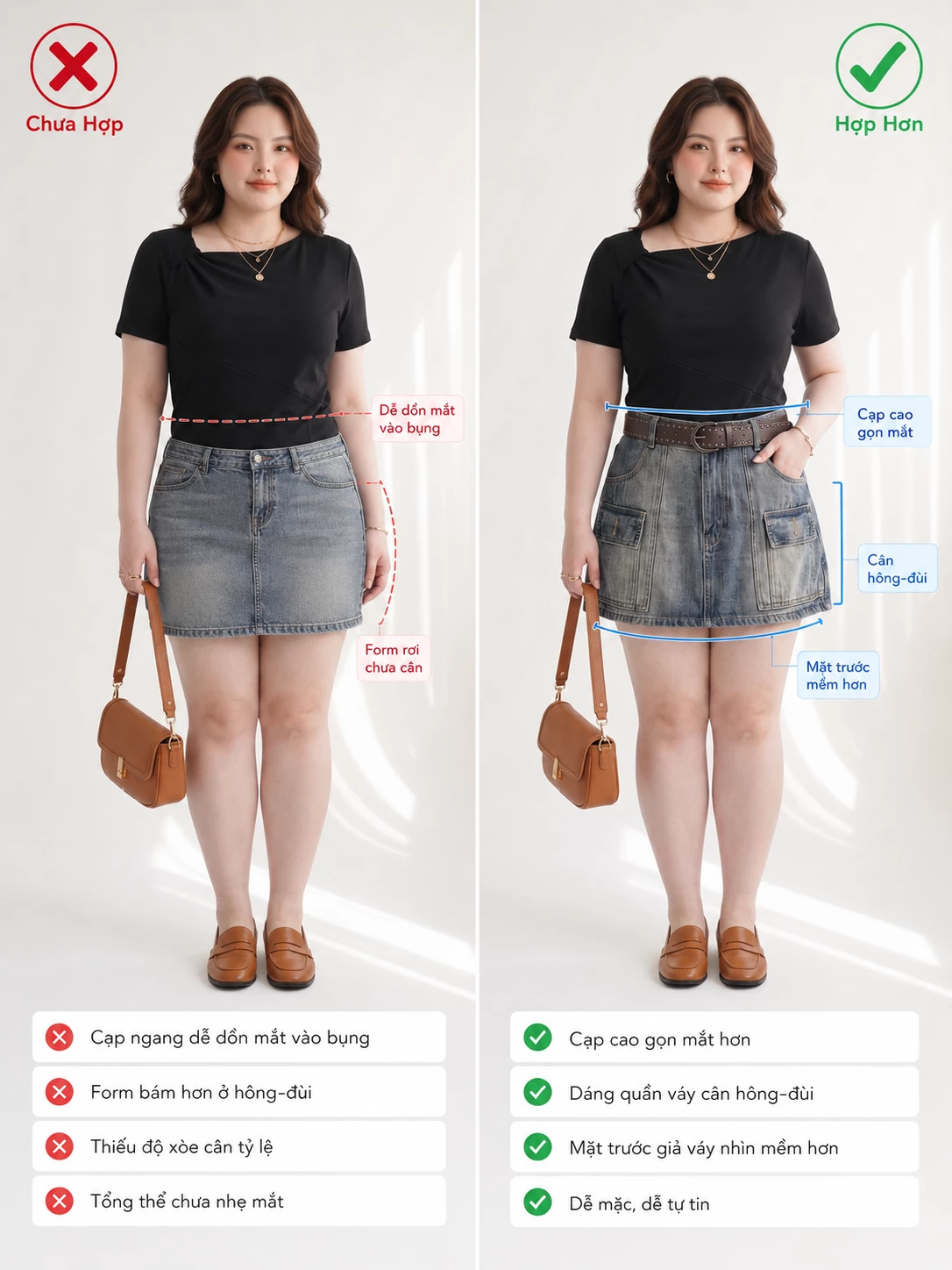 So sánh form cạp ngang ôm hông với quần giả váy jean bigsize lưng cao dáng A