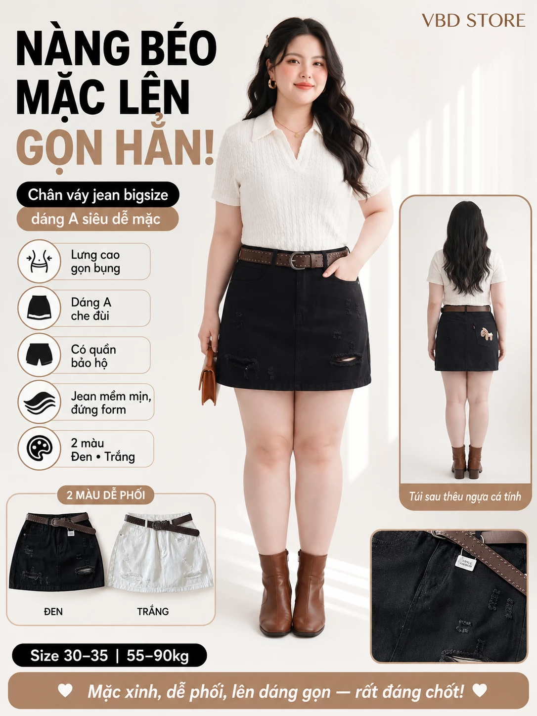 Điểm nổi bật của chân váy jean bigsize T-JV2127 gồm lưng cao, dáng A, quần bảo hộ và hai màu đen trắng