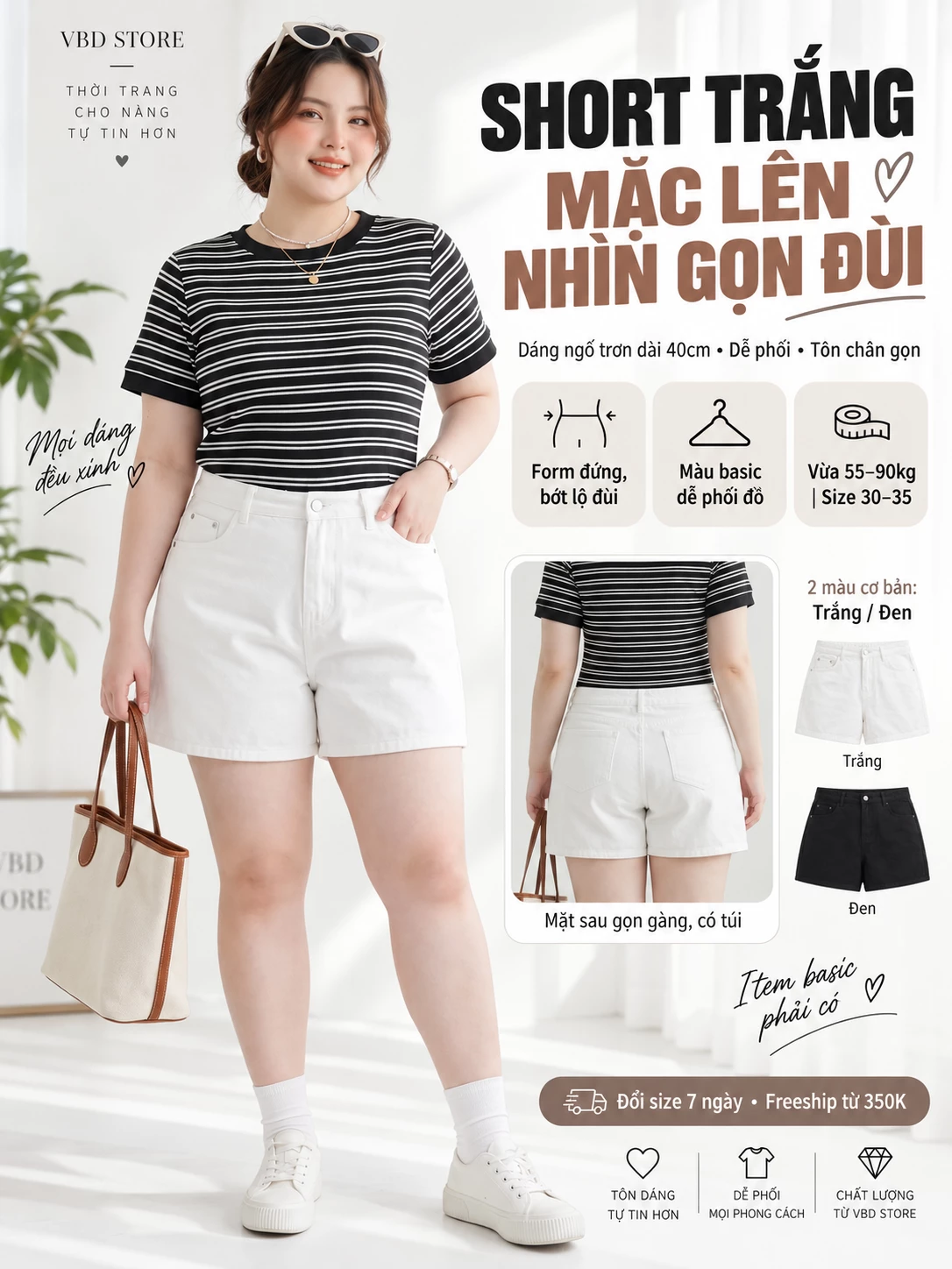 Ảnh giới thiệu cách phối quần short jean ngố trắng T-QSJ4022 với áo sọc trên dáng bigsize