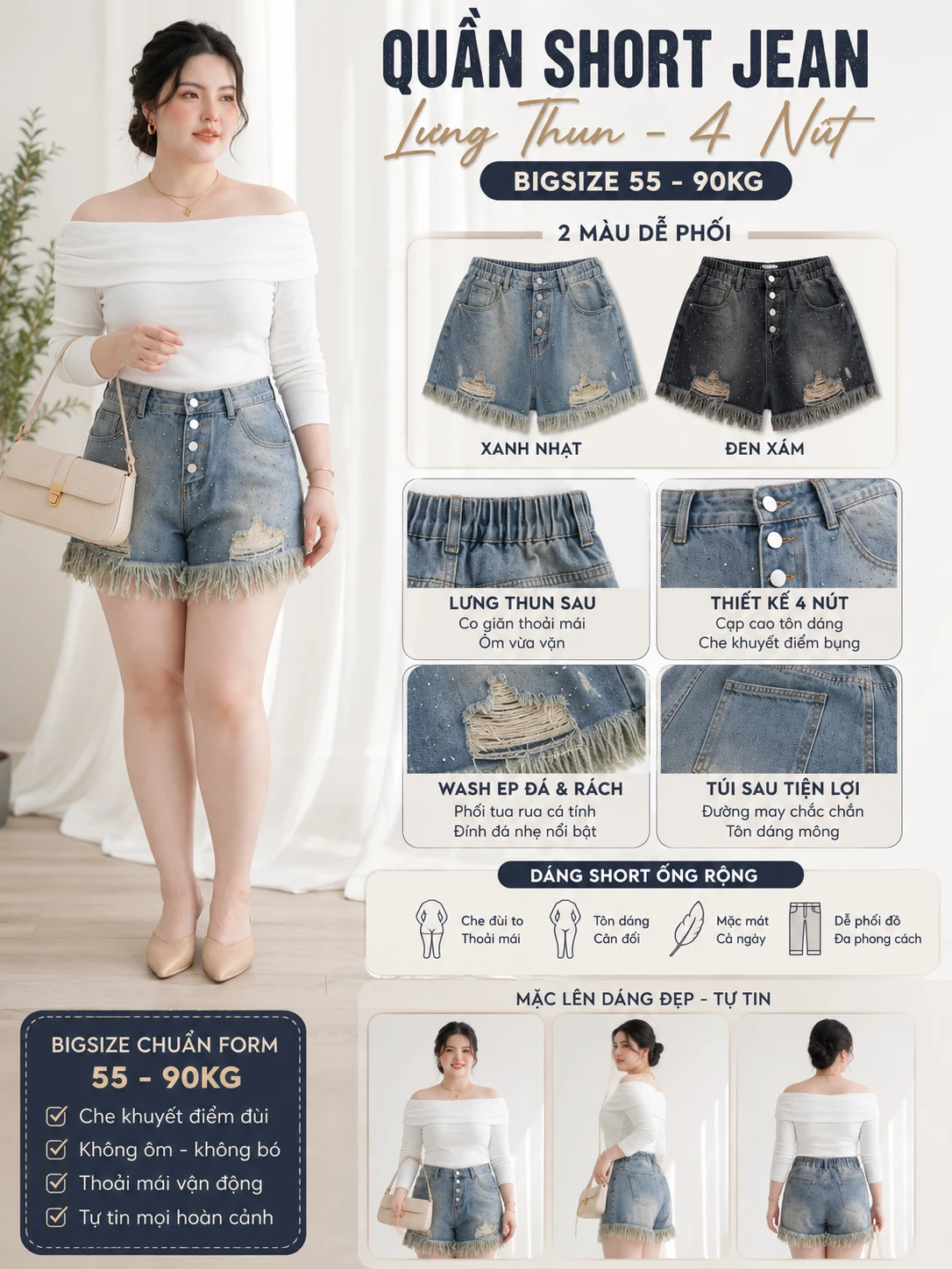 Điểm nổi bật quần short jean bigsize T-QSJ1330 gồm lưng thun sau, cạp 4 nút, wash rách, ép đá và túi sau