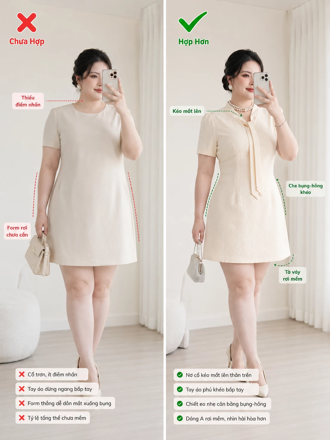 Tư vấn chọn form đầm có cổ lụa chiết eo và dáng A cho vóc dáng đầy đặn