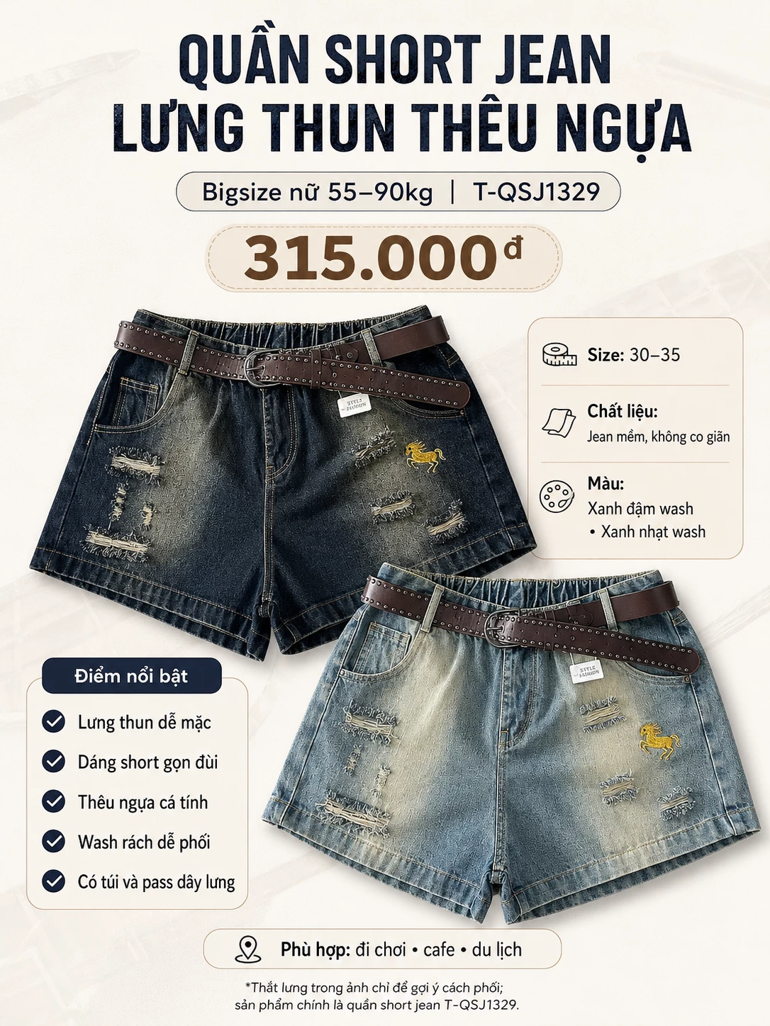 Infographic quần short jean lưng thun thêu ngựa bigsize T-QSJ1329 với size chất liệu màu sắc và điểm nổi bật