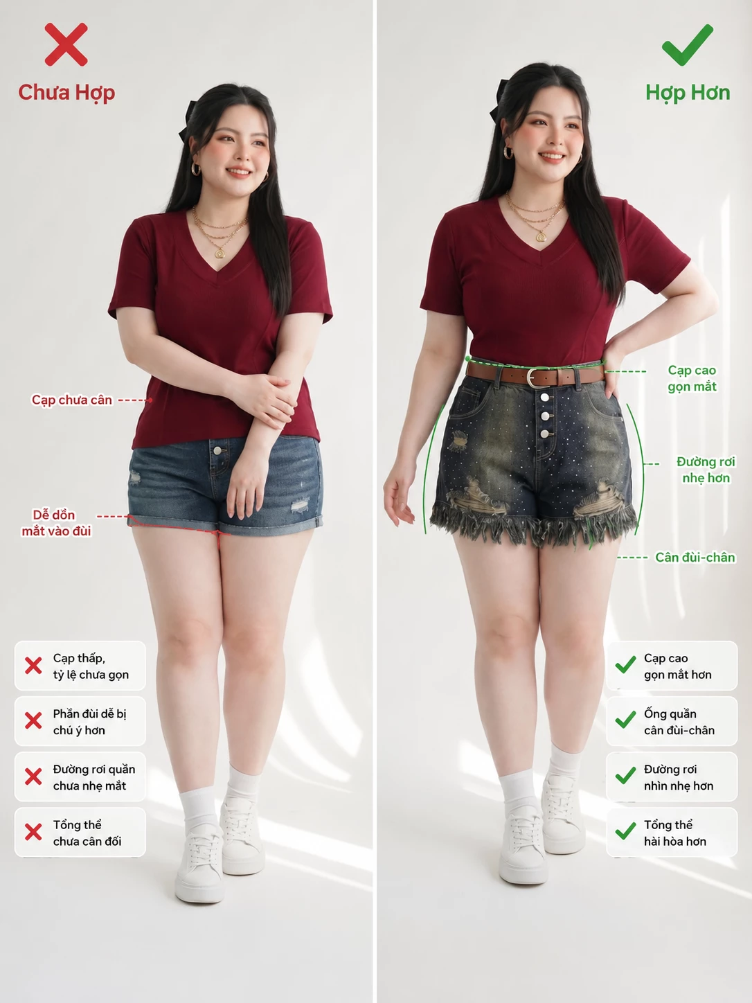 Hướng dẫn mặc quần short jean bigsize T-QSJ1330 với cạp cao đúng vị trí để phom ống rộng cân đối hơn