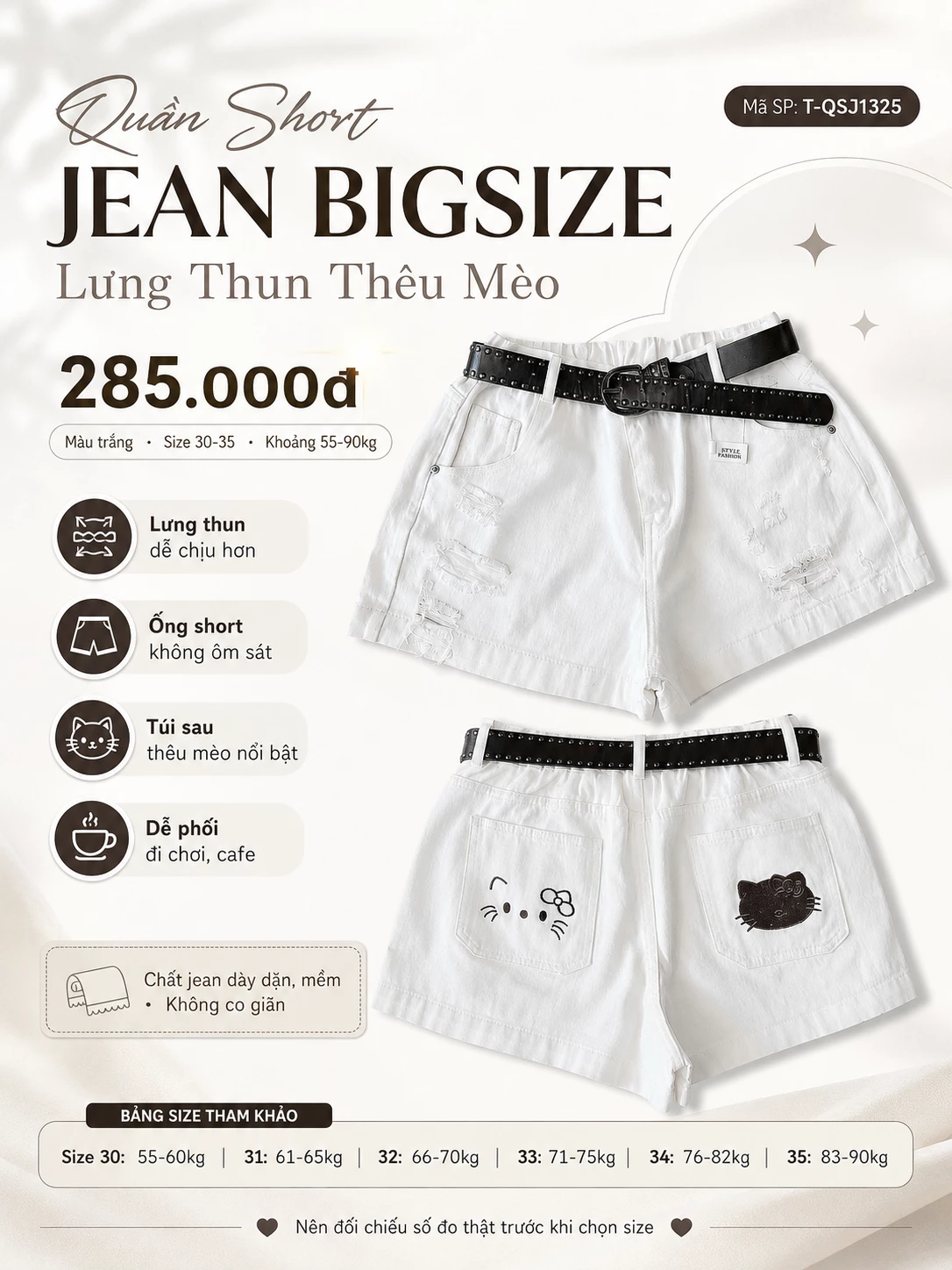 Điểm nổi bật quần short jean bigsize lưng thun thêu mèo màu trắng T-QSJ1325