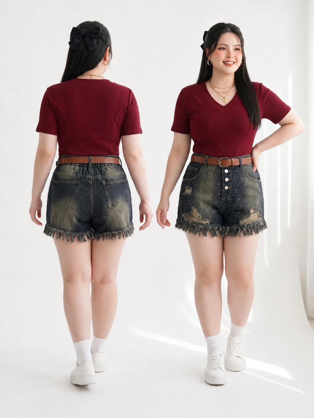 Dáng mặc trước và sau của quần short jean bigsize T-QSJ1330 màu đen xám