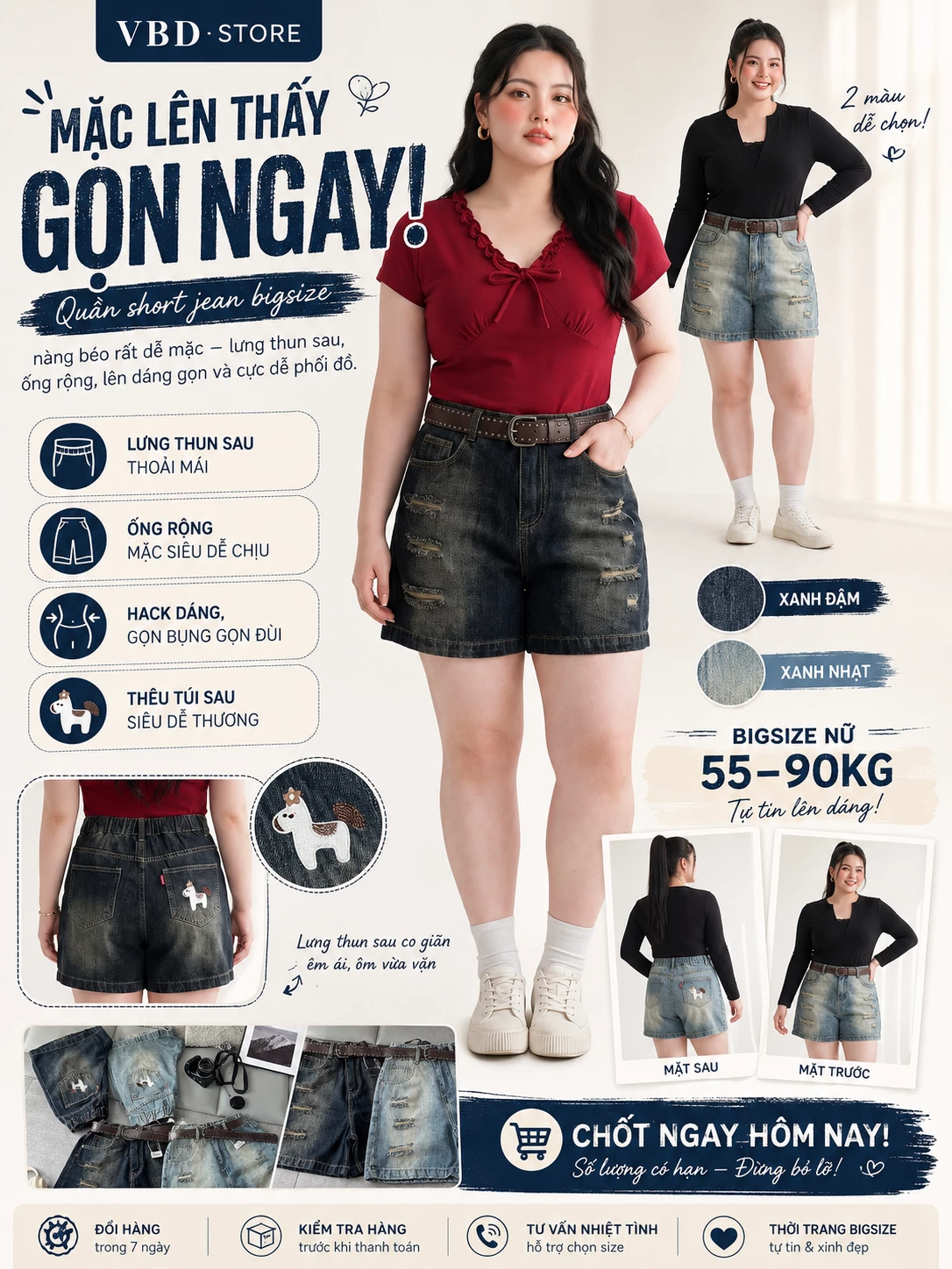 Quần short jean lửng bigsize T-QSJ72 lên form với lưng thun sau và ống rộng