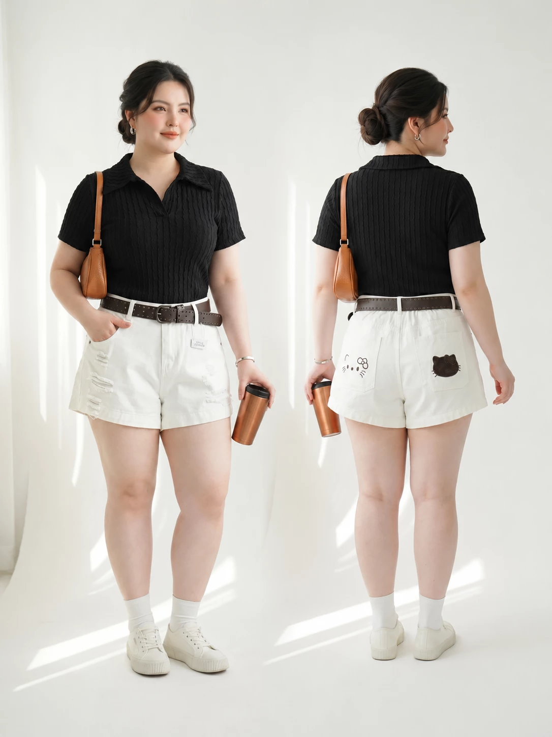 Người mẫu mặc quần short jean bigsize T-QSJ1325 nhìn từ mặt trước và mặt sau