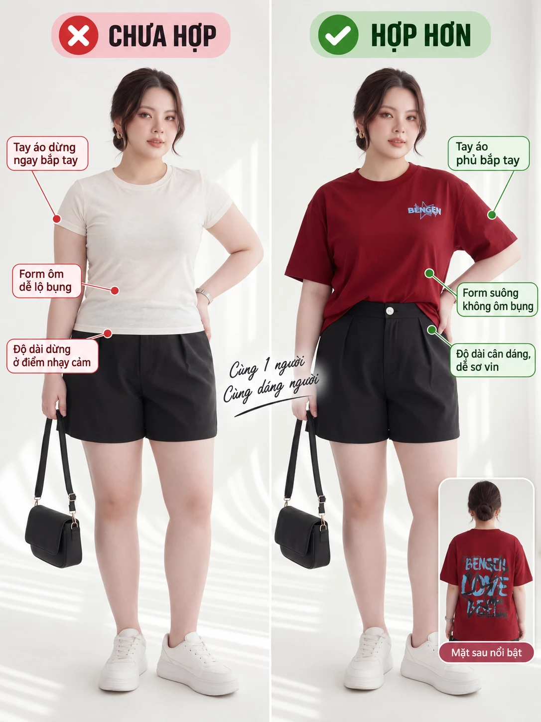 So sánh áo thun ôm và áo thun form rộng V-AK102-2 trên cùng dáng người