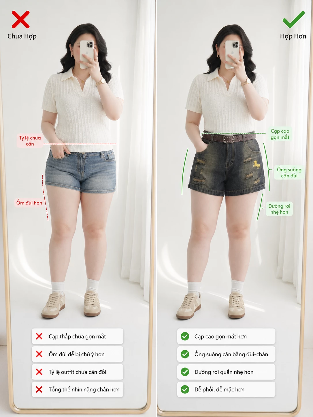 Ảnh hướng dẫn chọn quần short cạp cao và ống mở vừa cho dáng đầy đặn