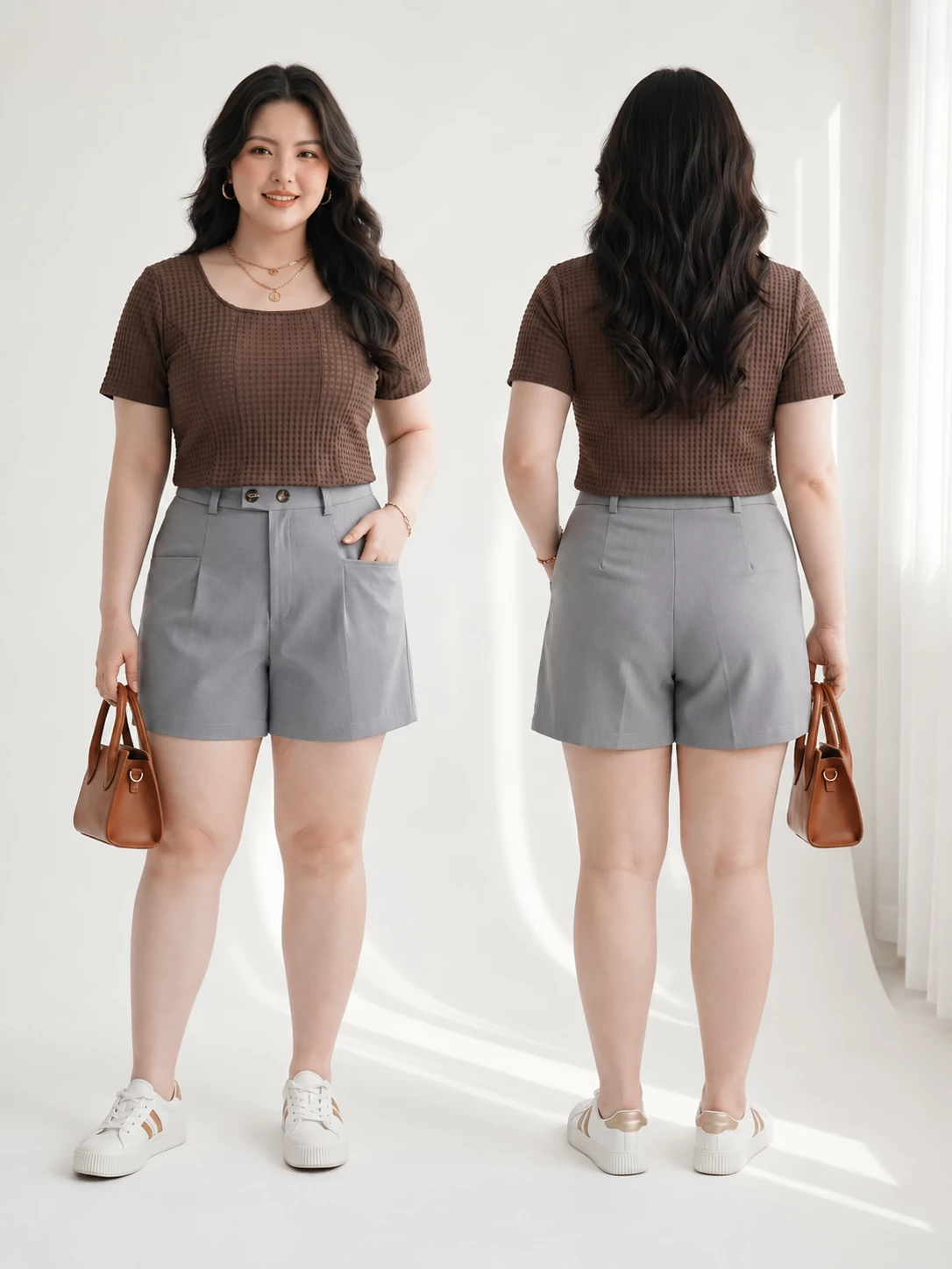 Người mẫu mặc áo thun bigsize V-AK121 màu nâu ở góc trước và sau để xem form thực tế