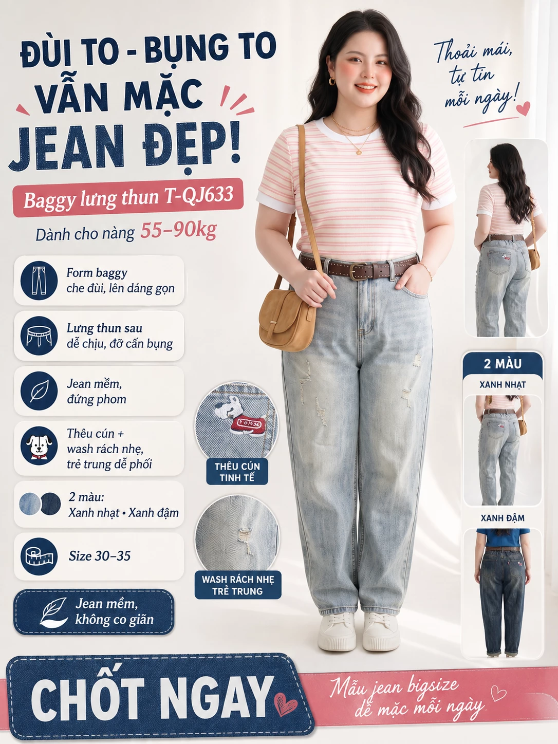 Hình tổng hợp quần jean baggy T-QJ633 với người mẫu, hai màu, thêu cún và wash rách