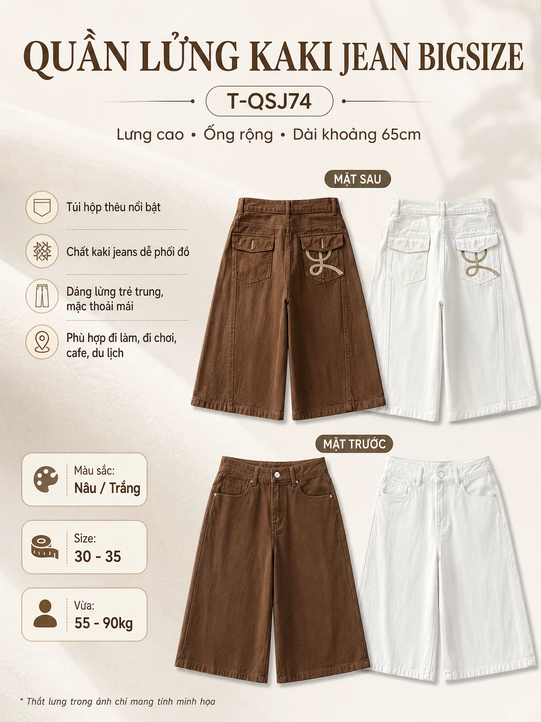 Thông tin nổi bật quần lửng kaki jean bigsize T-QSJ74 màu nâu trắng lưng cao ống rộng dài 65cm