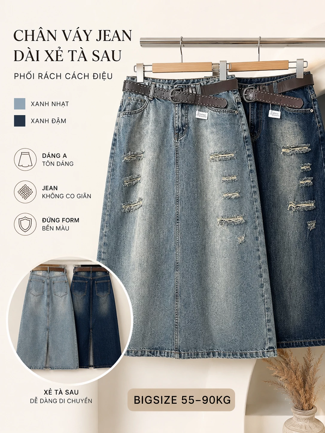 Điểm nổi bật chân váy jean dài bigsize JV435 dáng A không co giãn xẻ tà sau
