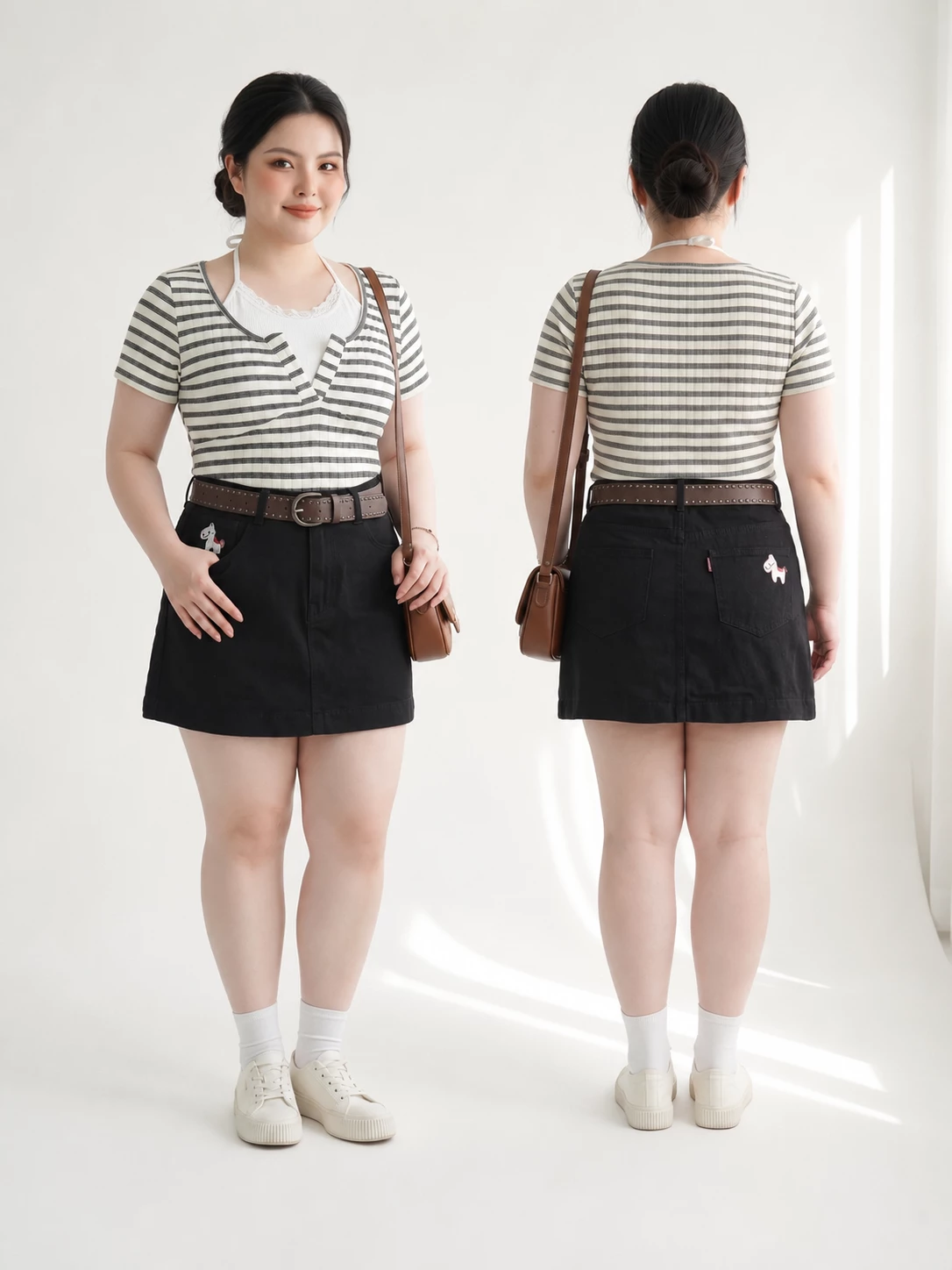 Hình minh họa phối mặc chân váy jean thêu ngựa bigsize T-JV2123 mặt trước và sau