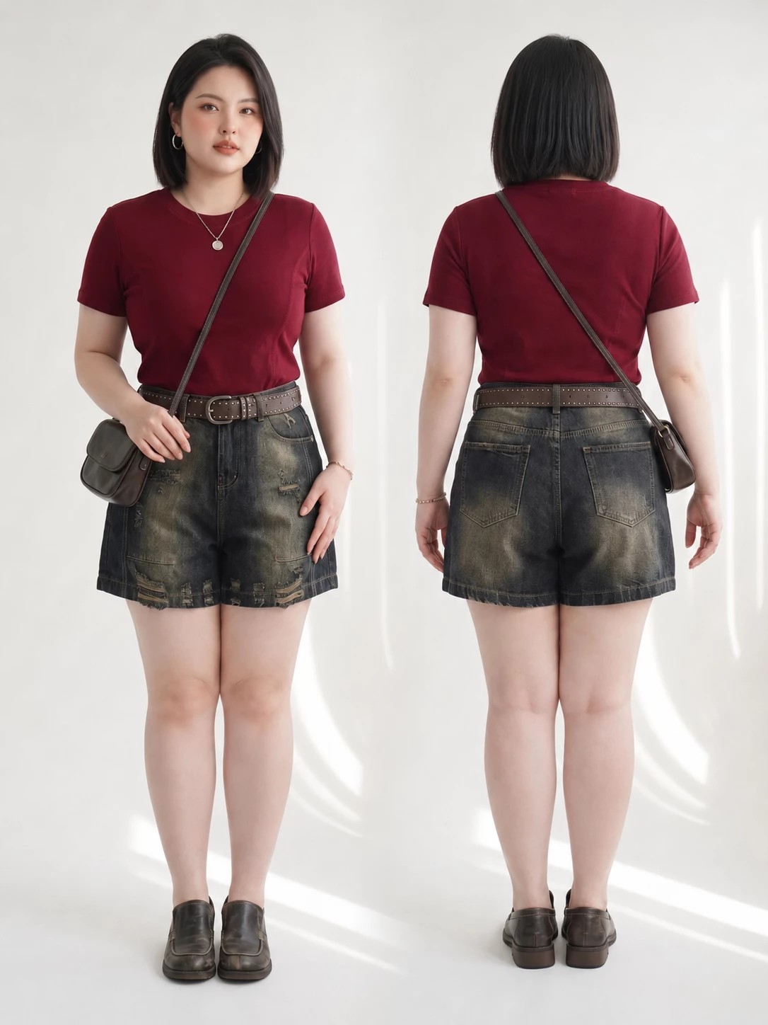Quần short jean lửng bigsize T-QSJ73 màu đen wash mặc mặt trước và mặt sau