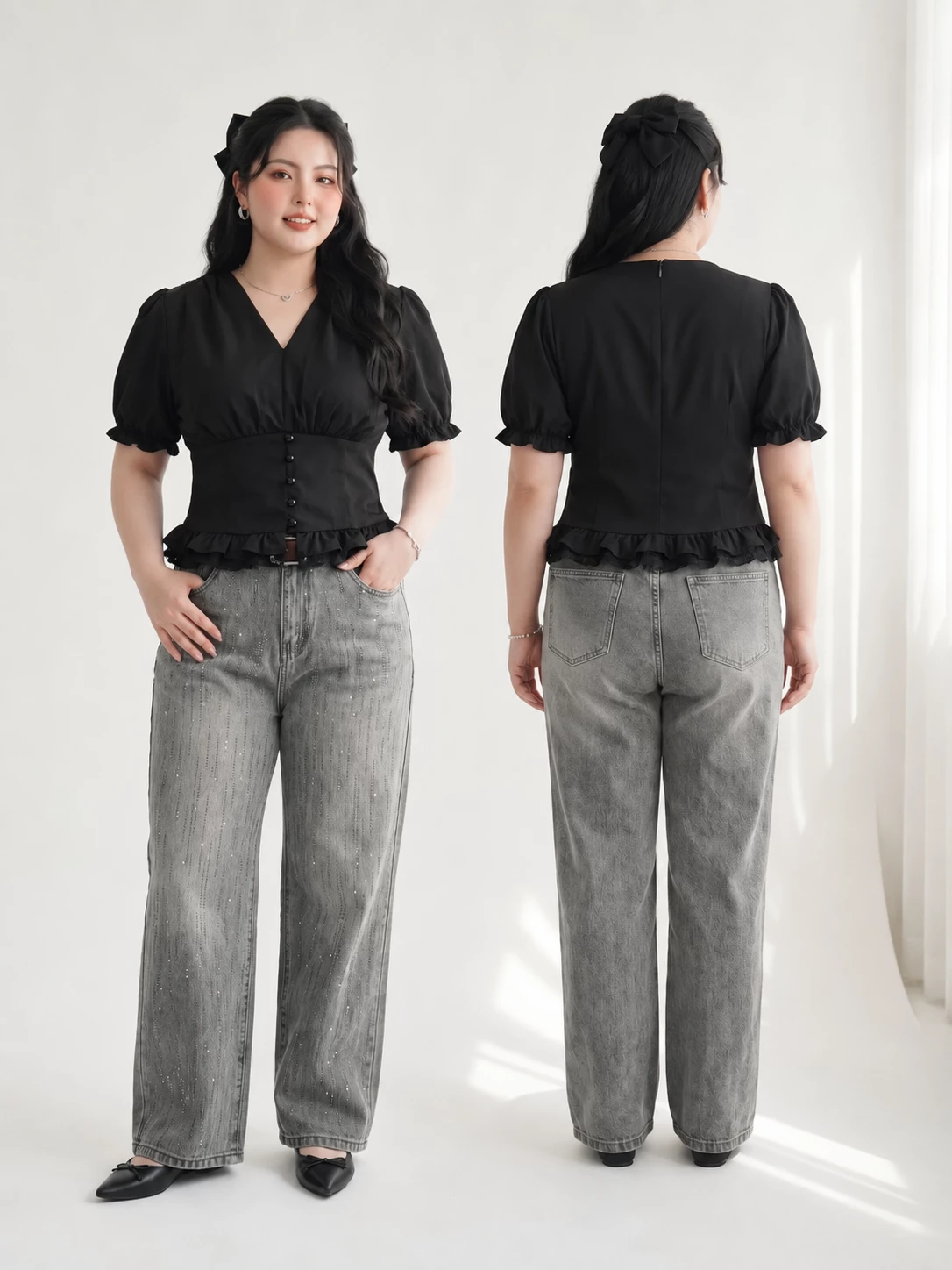Người mẫu bigsize mặc quần jean suông nấm ép đá T-QJ5056 ở mặt trước và mặt sau