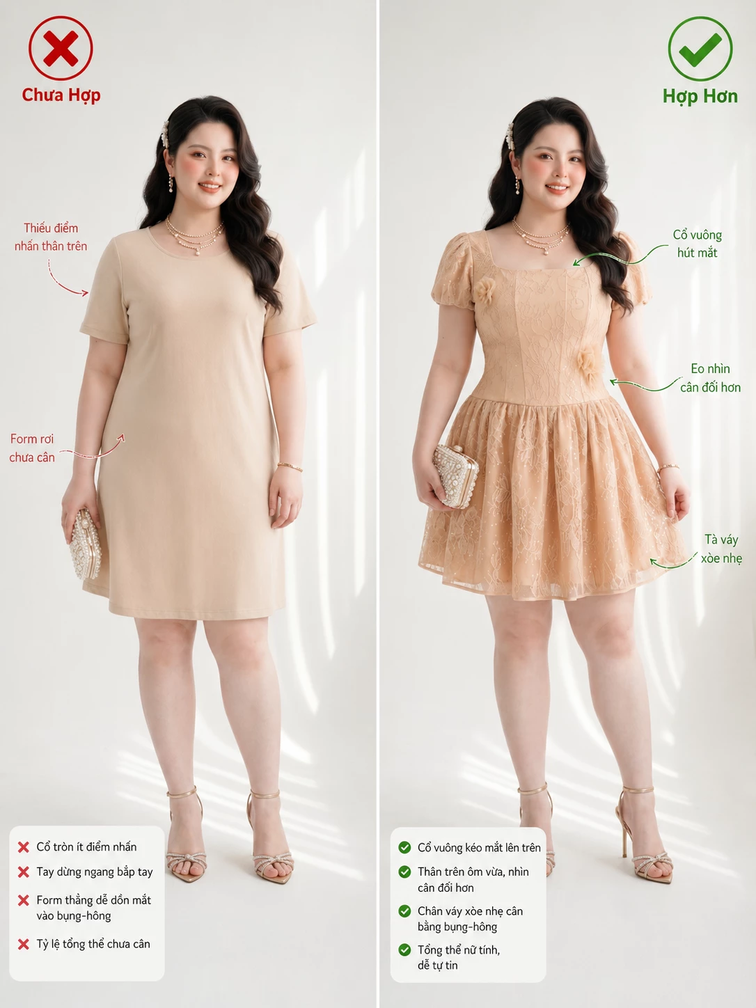 So sánh tỷ lệ đầm dáng suông và đầm V-DA236 cổ vuông tạo điểm eo, tùng xòe cho dáng bigsize