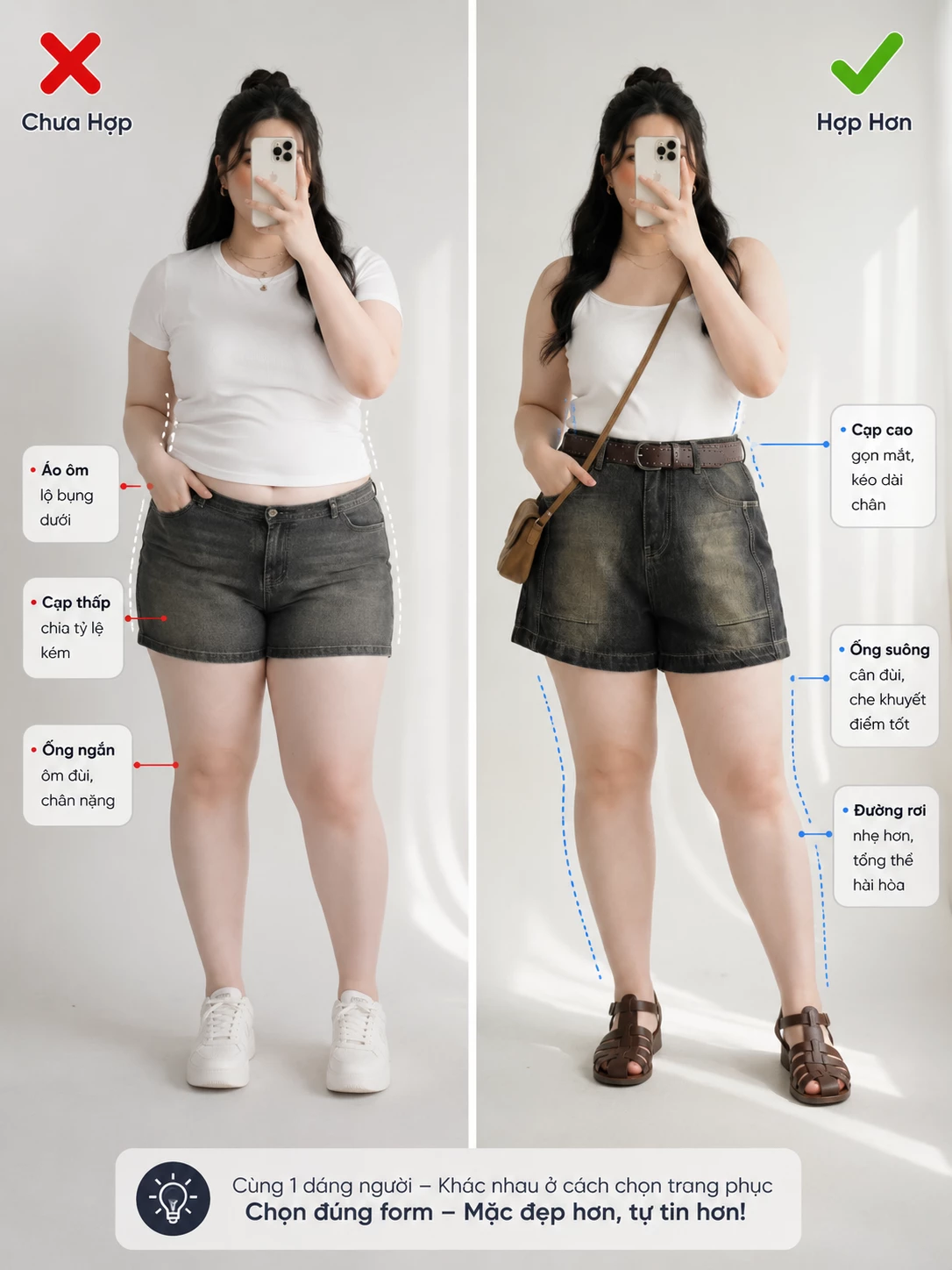 Tư vấn phối quần short jean cạp cao ống rộng vừa cho dáng đầy đặn