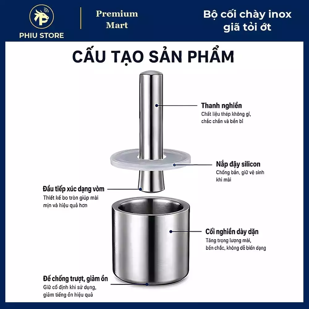 Combo Bếp Gọn Nhà Sạch 4 Món - Bộ cối chày inox giã tỏi ớt