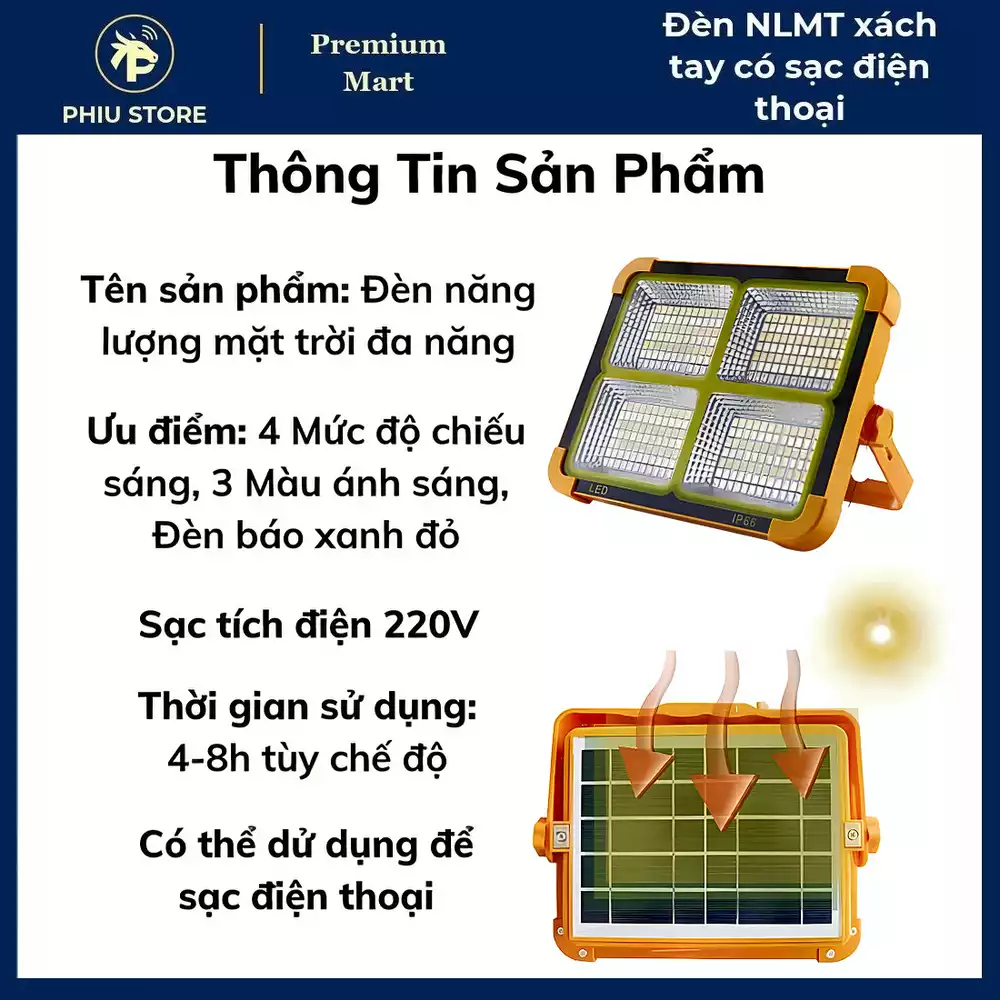 Đèn năng lượng mặt trời xách tay - đèn pha sạc tích điện, đèn LED sạc năng lượng mặt trời