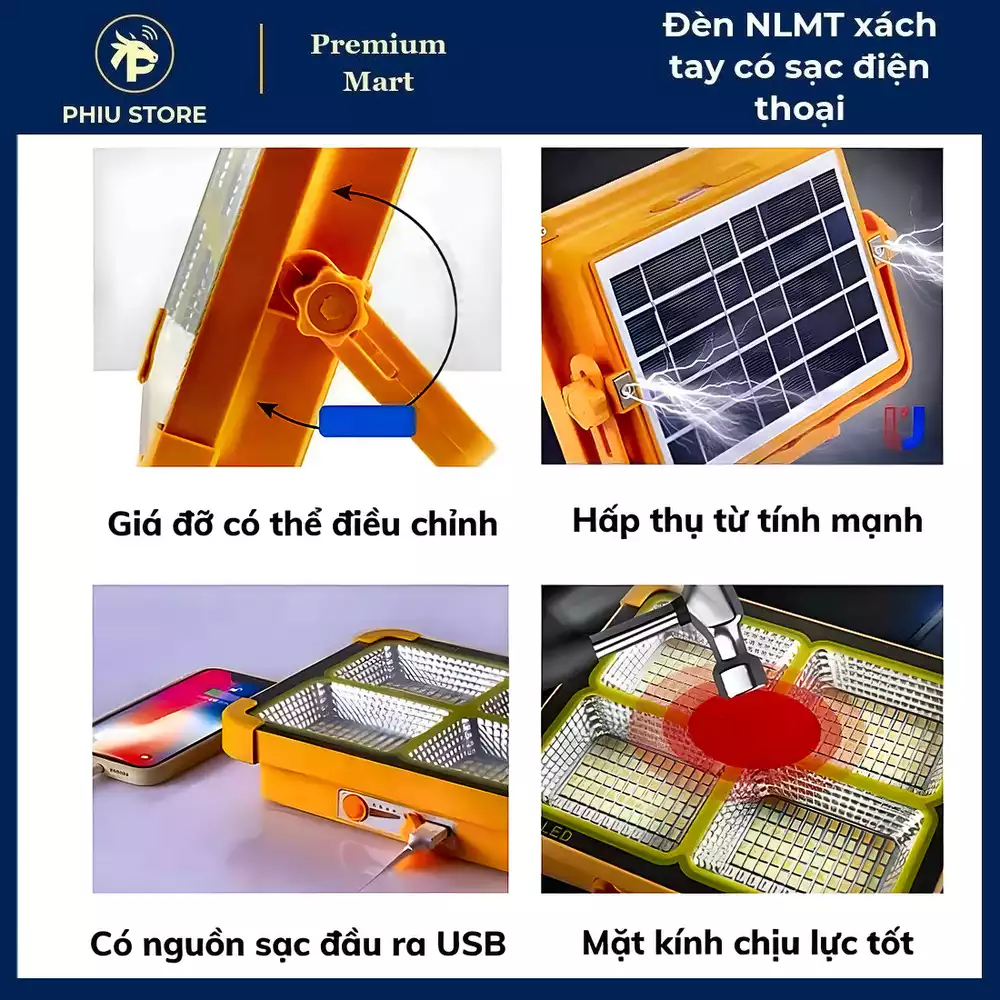Đèn năng lượng mặt trời xách tay - đèn pha sạc tích điện, đèn LED sạc năng lượng mặt trời