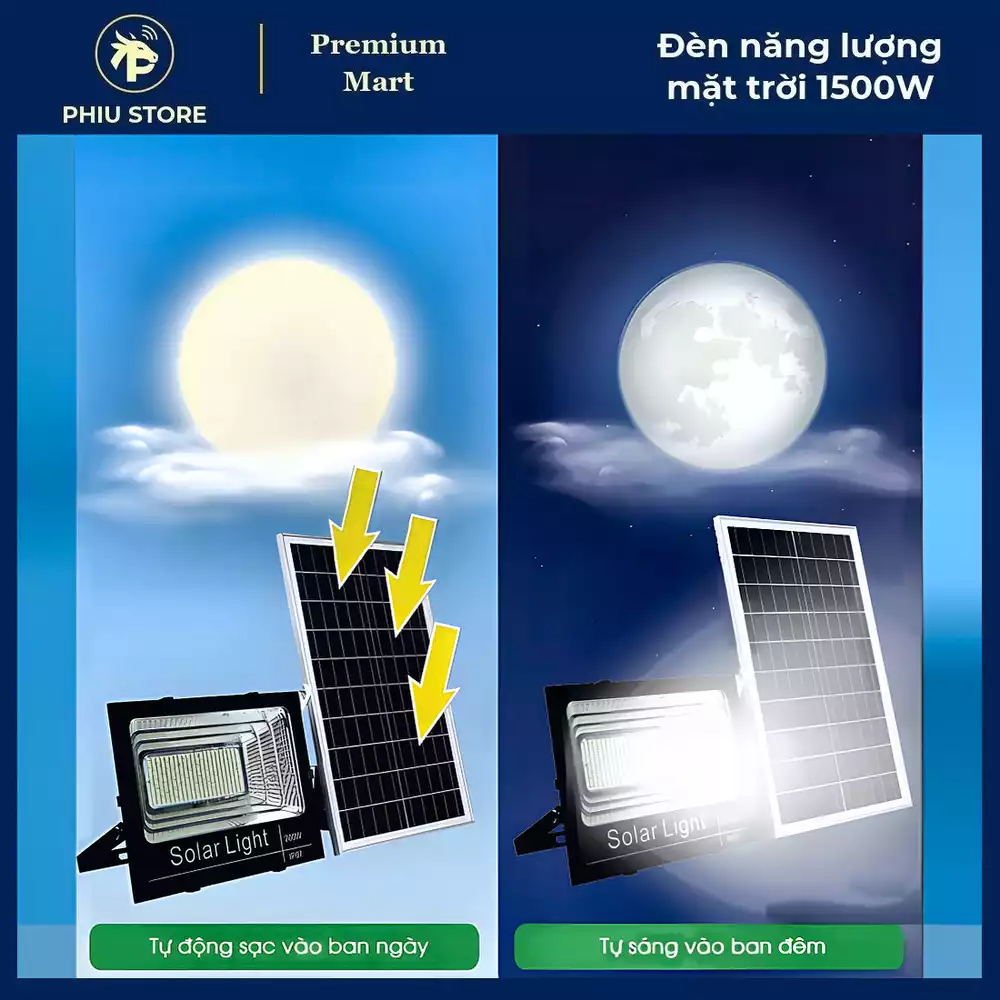Đèn năng lượng mặt trời - đèn pha năng lượng mặt trời 1500W, đèn NLMT có điều khiển