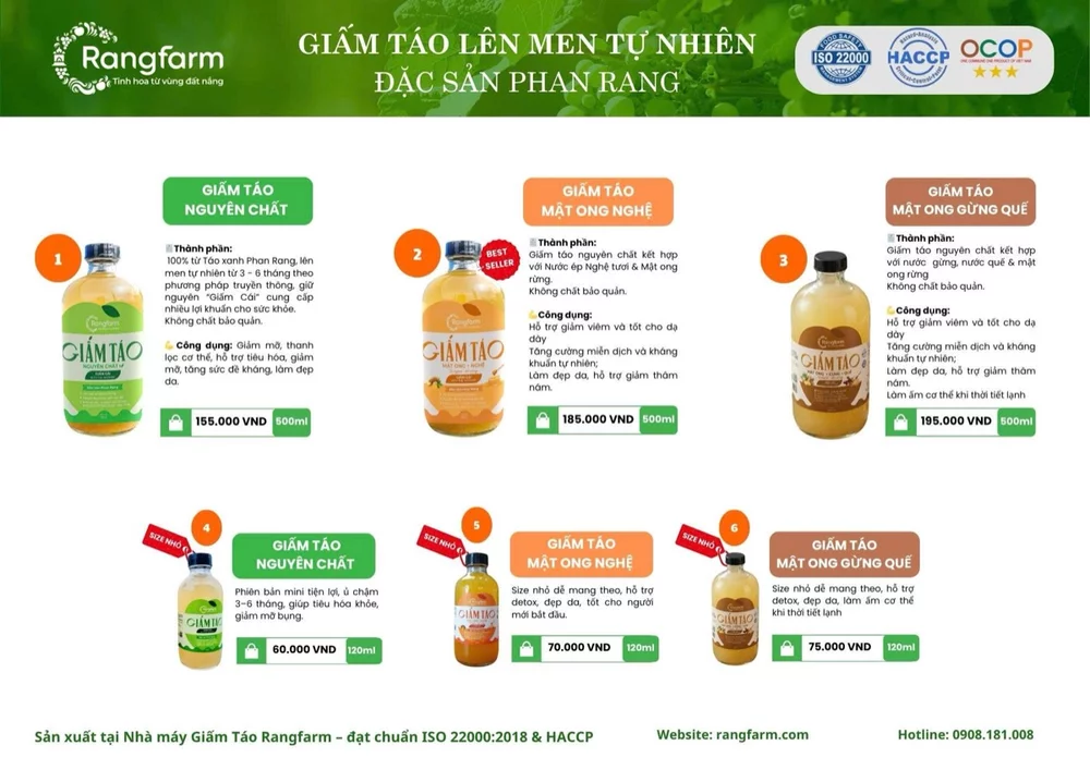 Bảng sản phẩm giấm táo Rangfarm