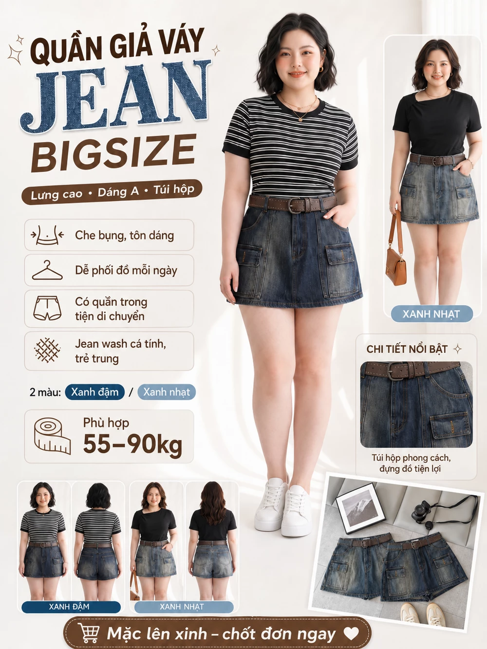 Ảnh giới thiệu quần giả váy jean T-QVJ2125: lưng cao, dáng A, túi hộp, hai màu xanh đậm và xanh nhạt
