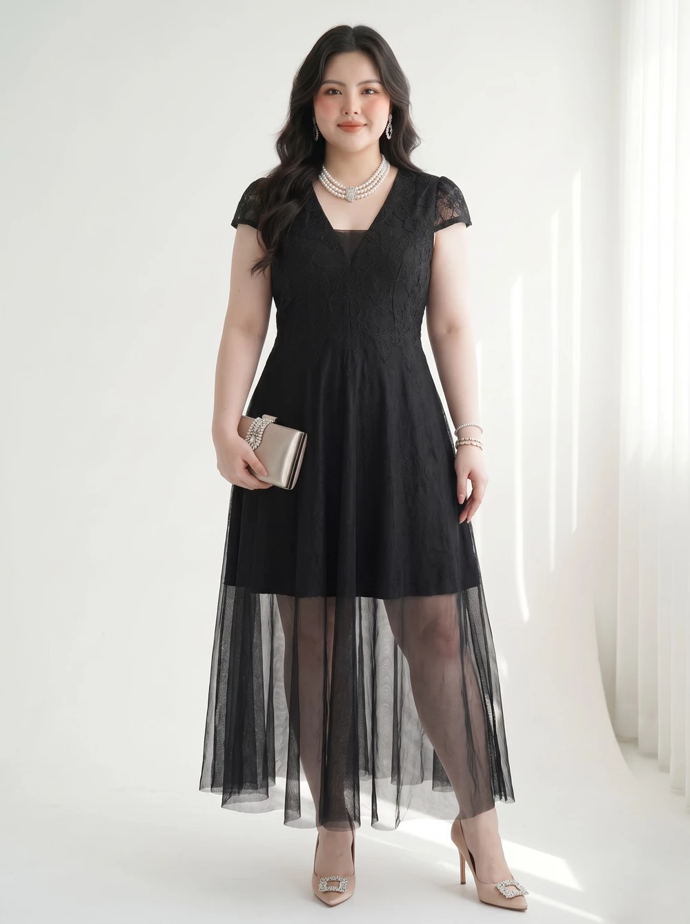 Model wearing the long black V-DA245 with flared mesh skirt, front view