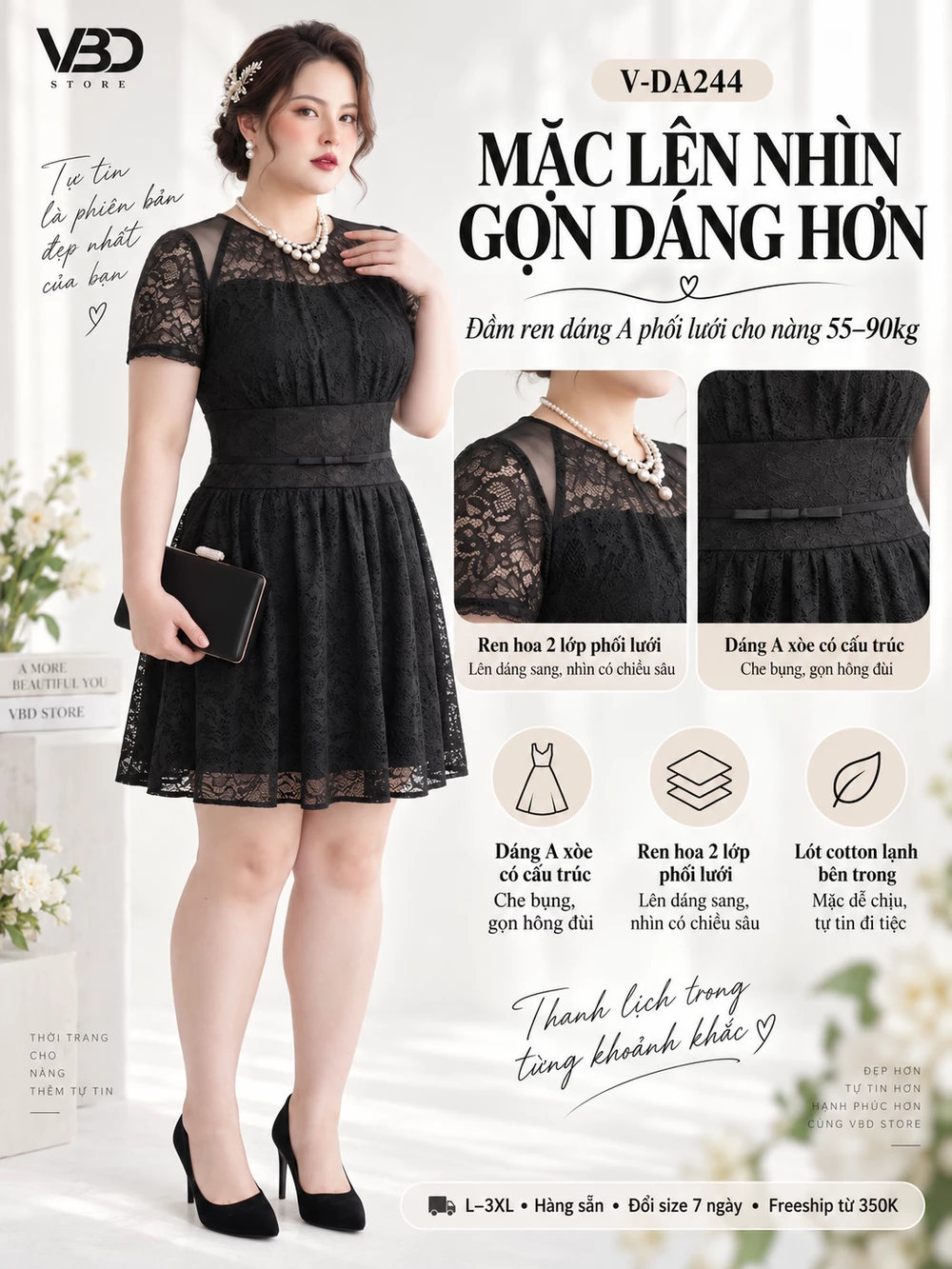 Ảnh giới thiệu đầm V-DA244: ren hoa 2 lớp phối lưới, dáng A xòe, lót cotton lạnh