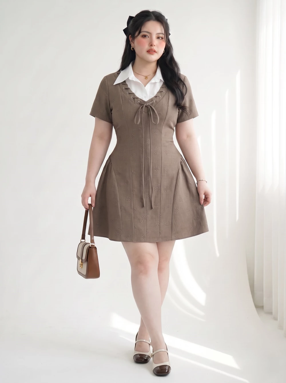 DA153 màu nâu mặc từ phía trước: cổ sơ mi trắng, dây xỏ và váy nhún hai bên hông