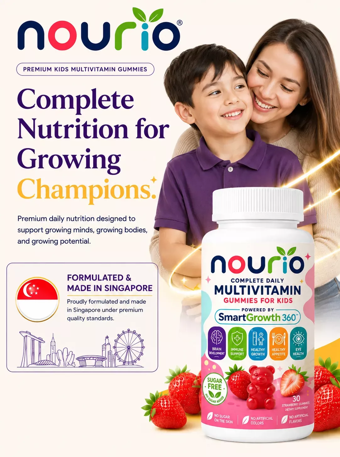 Nourio, Complete Nutrition for Growing Champions. Premium kids multivitamin gummies.