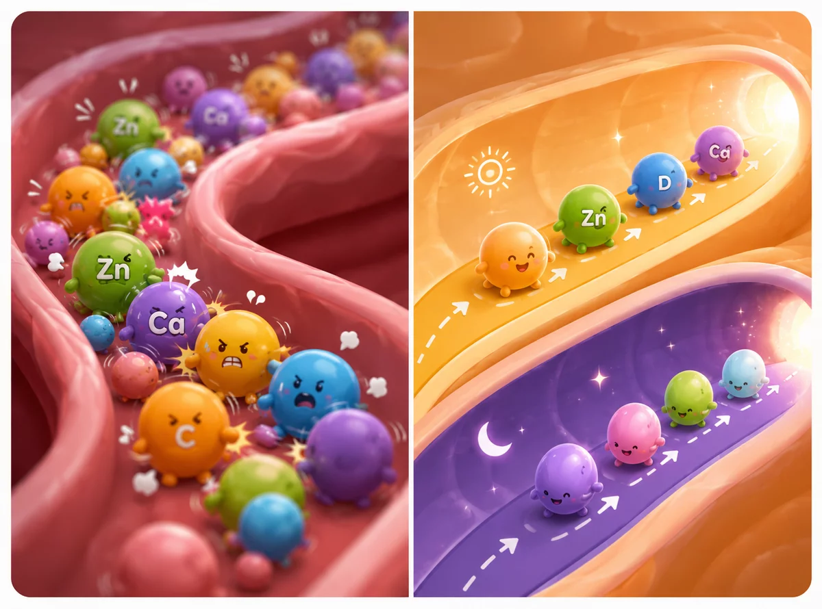 Nutrients crowded and competing in one lane, versus separate day and night lanes