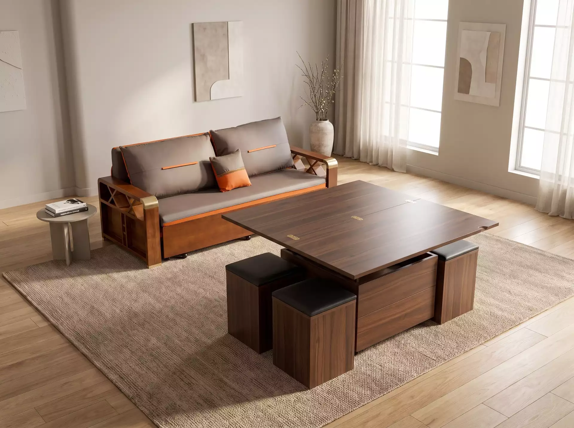 Phòng khách với giường sofa Lux S8 và bộ bàn đa năng Colif TM màu gỗ nâu