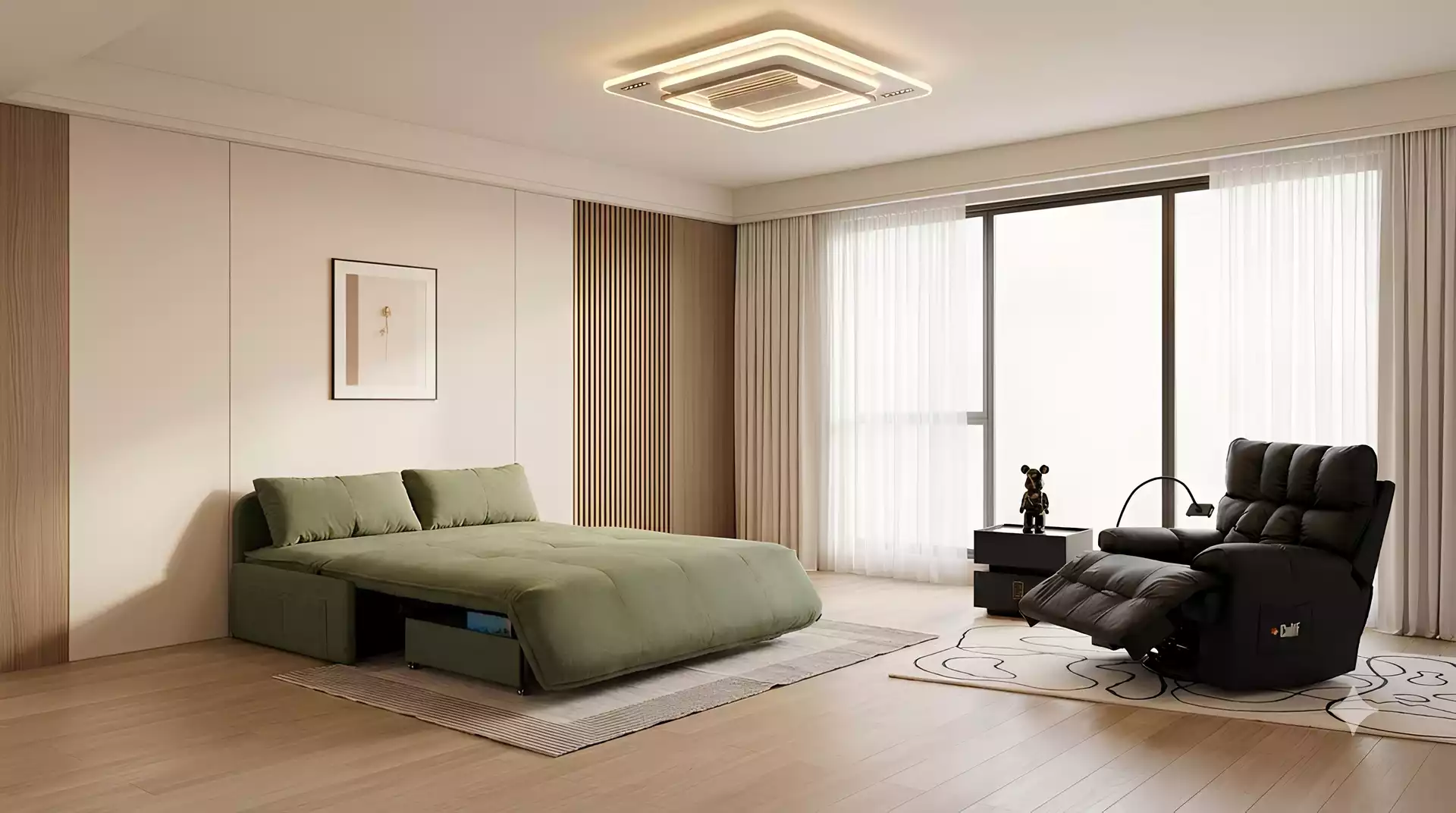 Phòng ngủ với giường sofa, ghế thư giãn và đèn quạt trần không cánh Colif