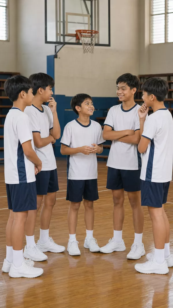 Row of schoolchildren of similar age, one noticeably shorter