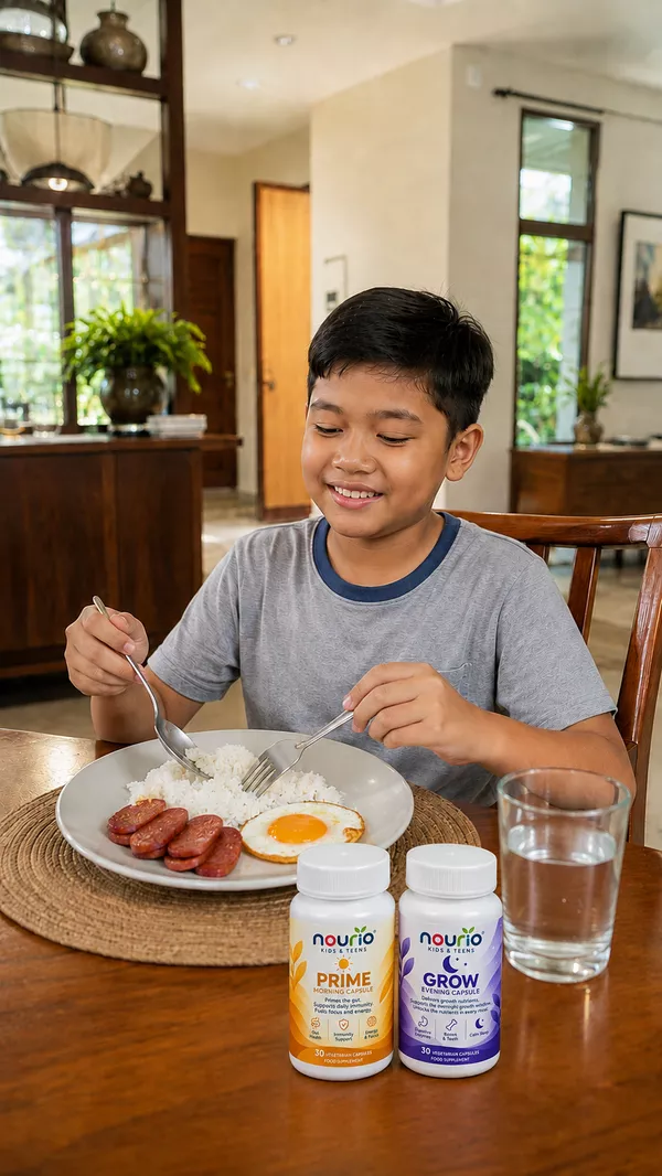 The same child sitting comfortably, plate finished