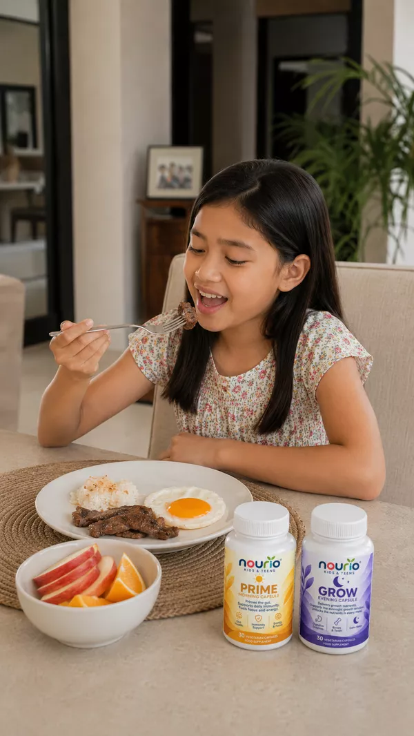 The same child now eating willingly, plate nearly finished
