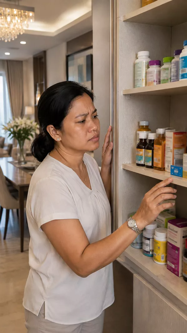 Counter crowded with assorted supplement bottles