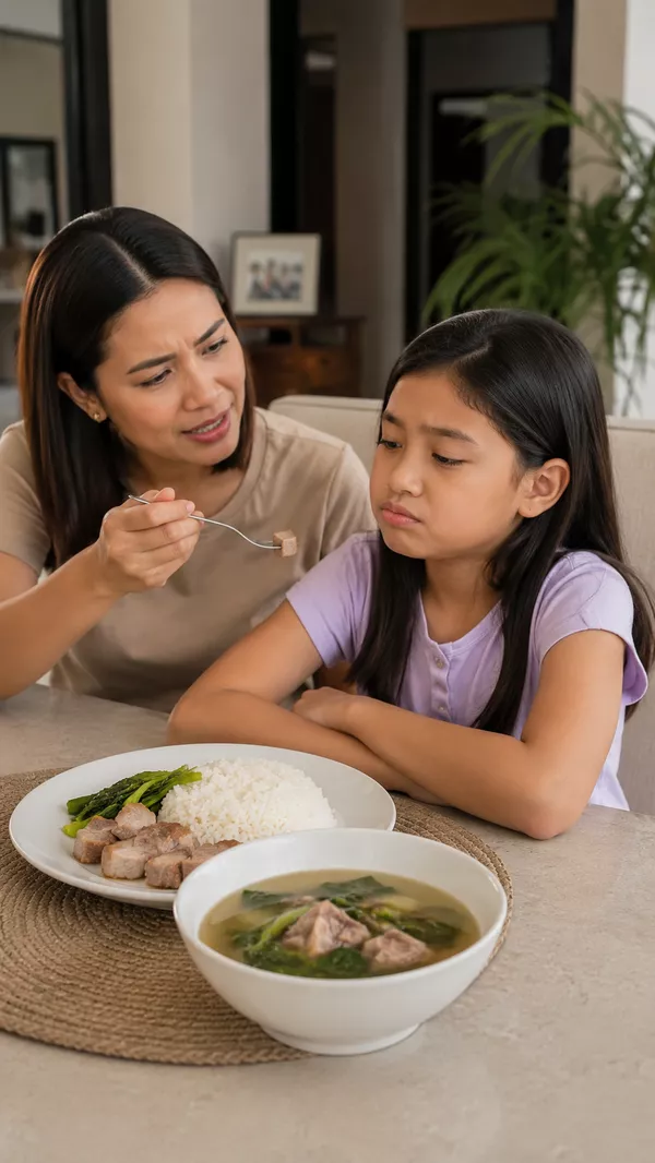 Child pushing food around a full plate at the family table