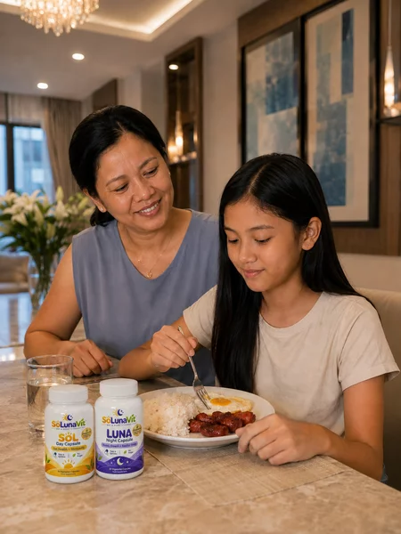 A mother and daughter at a meal with SOL and LUNA