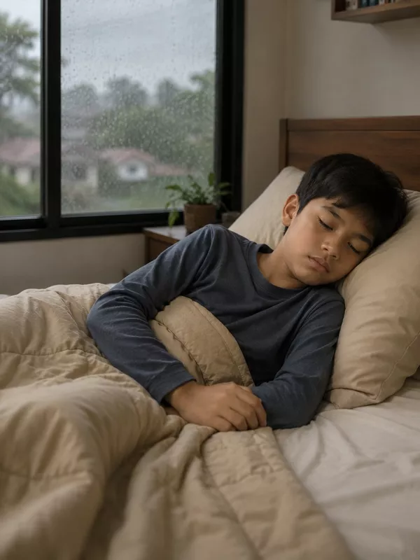 Child resting on the sofa at home on a school day