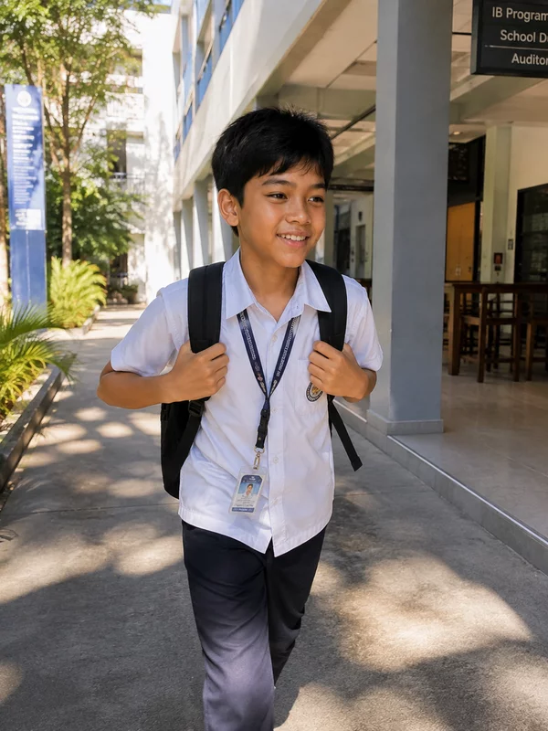 Child back at school, walking in with a backpack