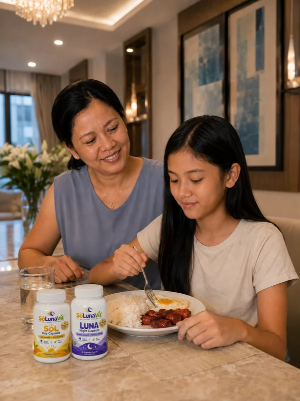 Mother and daughter at a finished meal with SOL and LUNA