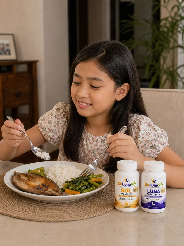 Child eating willingly with SOL and LUNA on the table