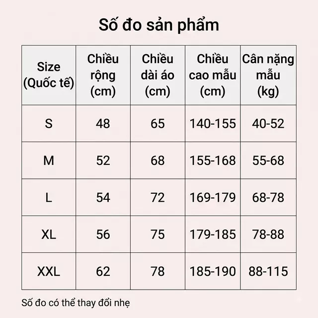 Bảng size áo S, M, L, XL và 2XL