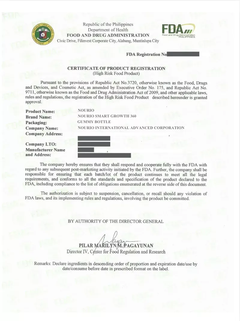 Nourio FDA Certificate of Product Registration