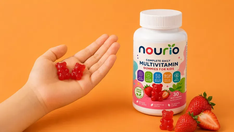 Hand holding Nourio gummies