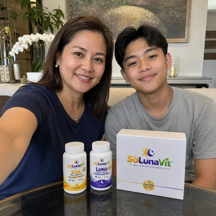 Filipino mother and her teenage son at home with the SoLunaVit SOL and LUNA pack