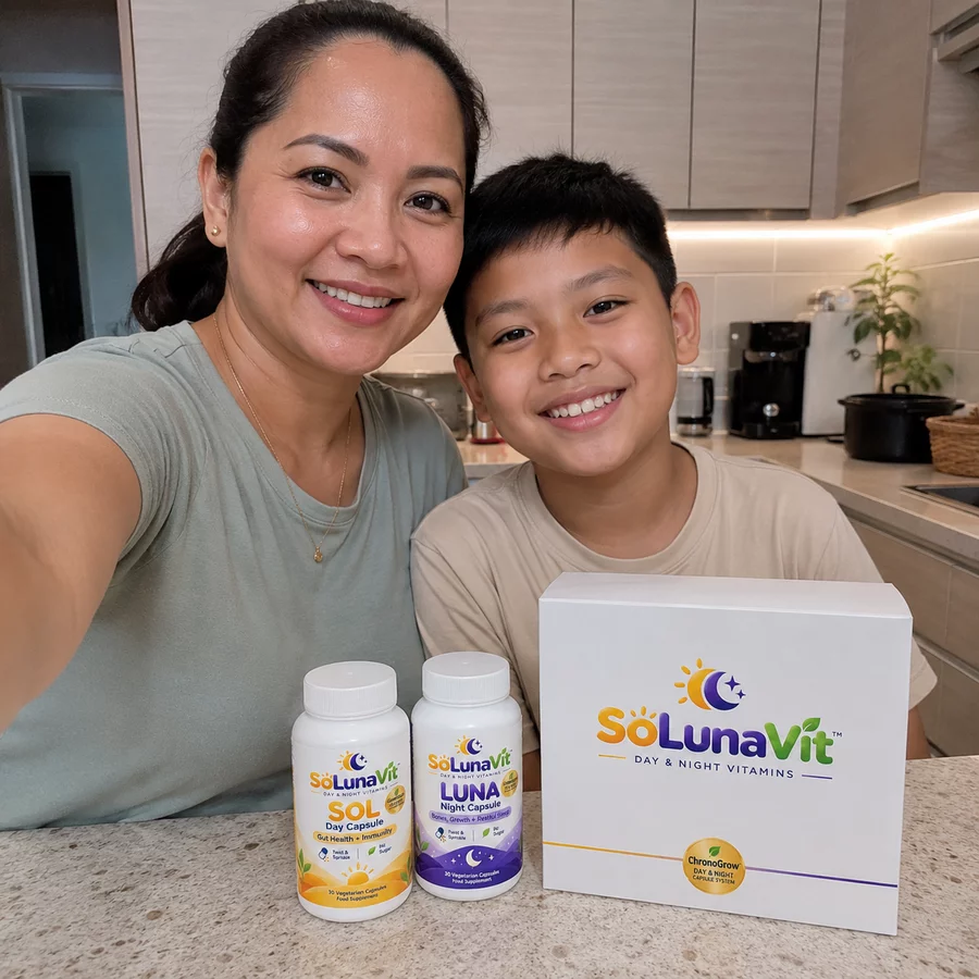 Filipino mother and her son at home with the SoLunaVit SOL and LUNA pack